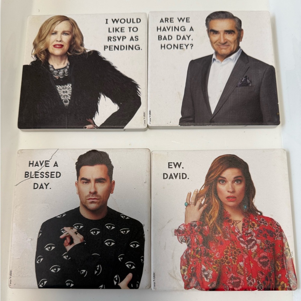 Schitt’s Creek humor quote coasters of four TV show humor. (4)
